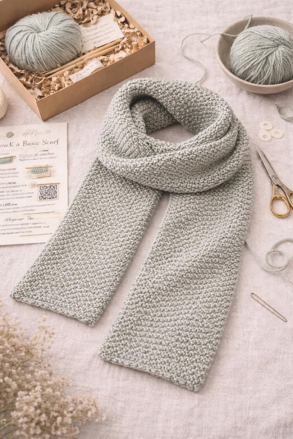 Beginner knitting kit to learn to knit a cozy garter stitch scarf – view 2
