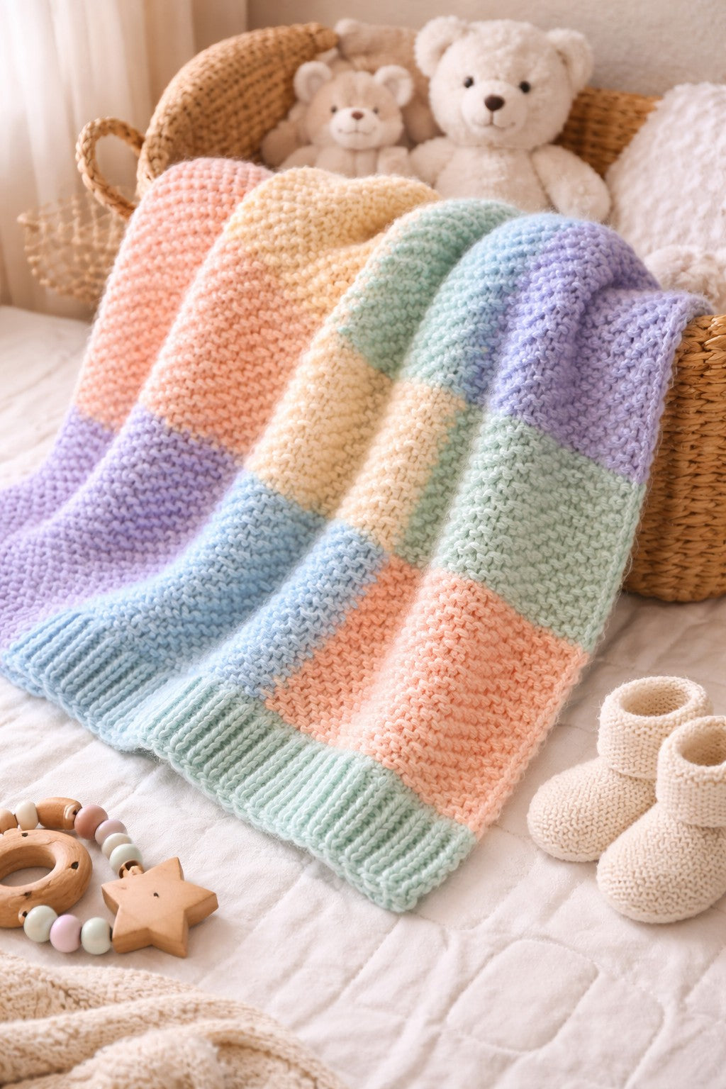 Pastel patch baby blanket knitting pattern, beginner-friendly garter stitch