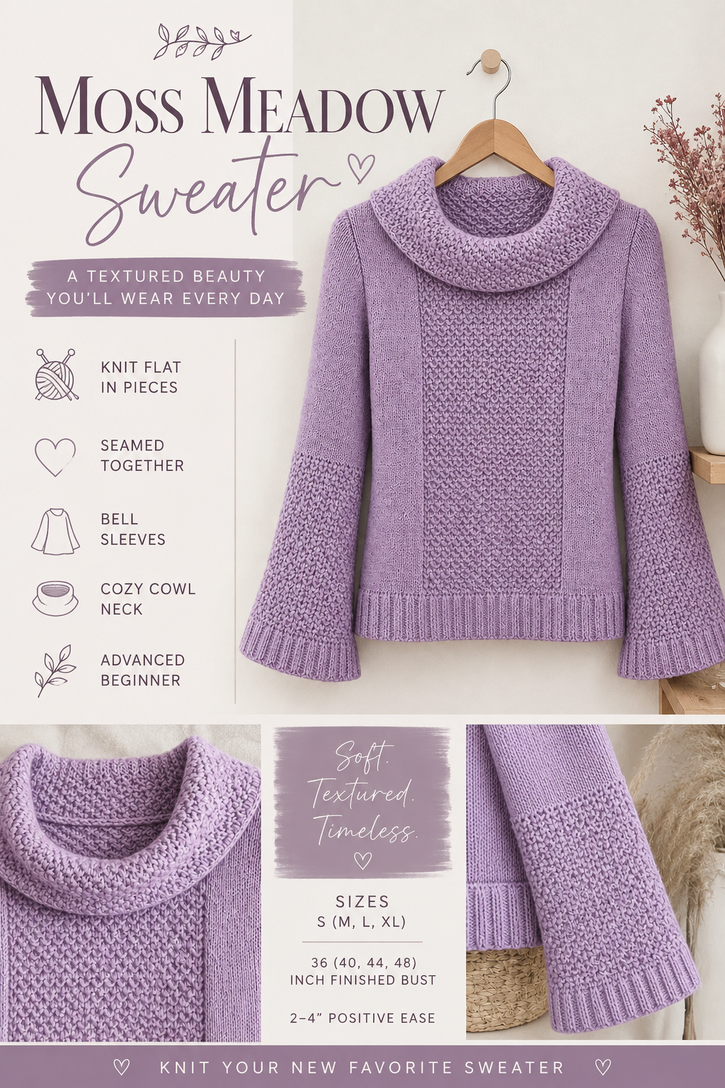 Moss Meadow sweater knitting pattern, cozy knit pullover with bell sleeves