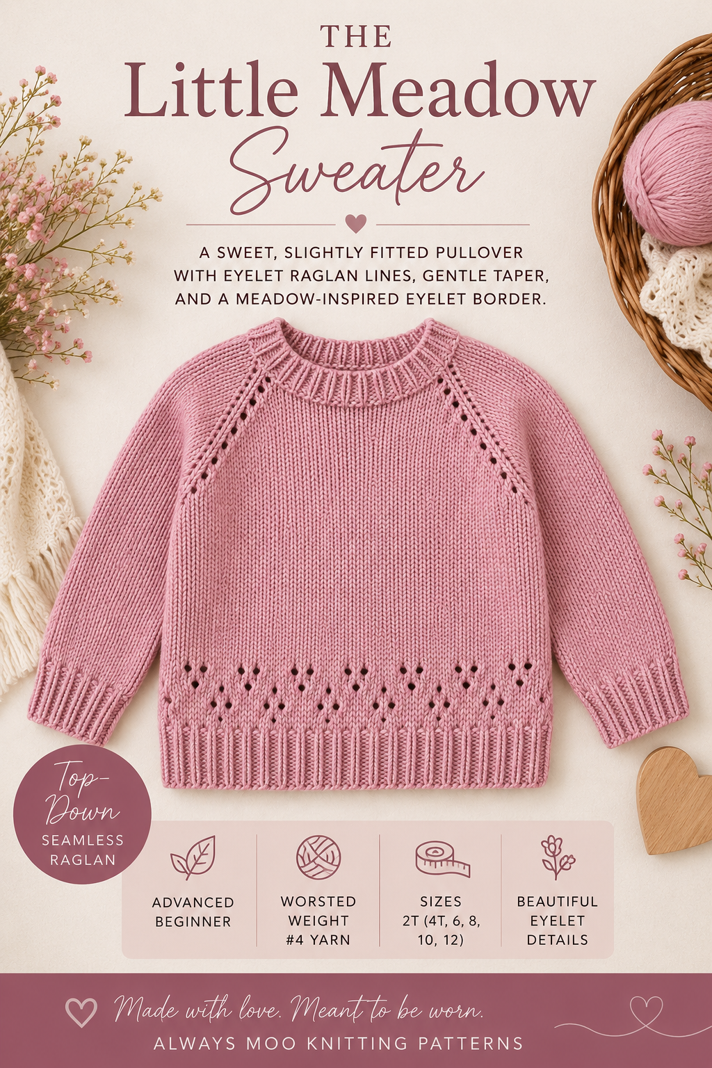Little Meadow girls' sweater knitting pattern, top-down raglan with eyelet details