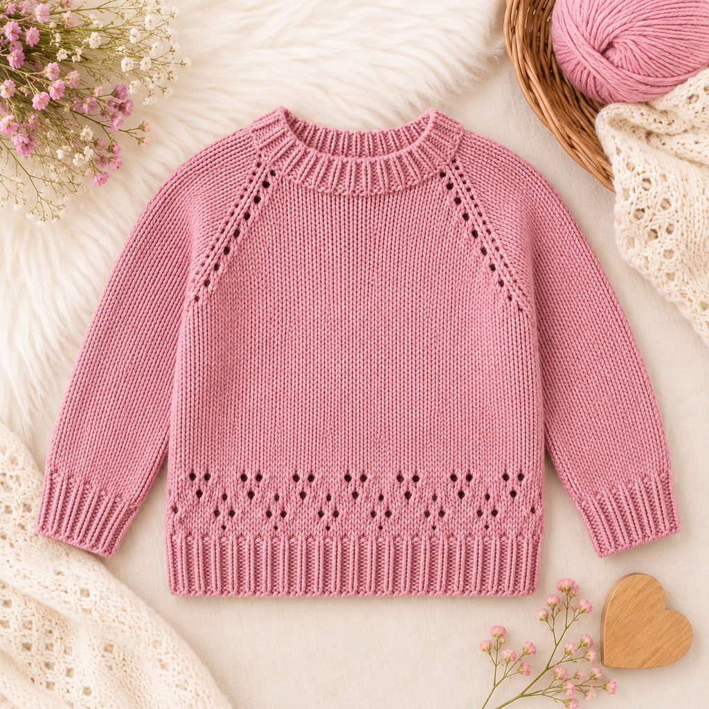 Little Meadow girls' sweater knitting pattern, top-down raglan with eyelet details – view 2