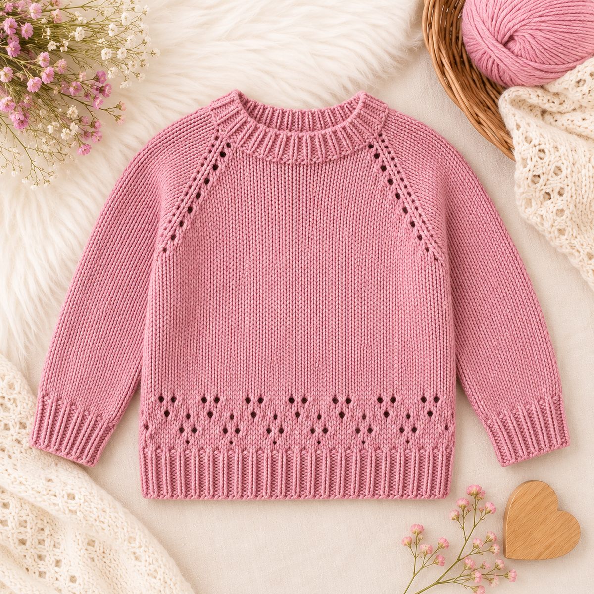 Little Meadow girls' sweater knitting pattern, top-down raglan with eyelet details – view 2