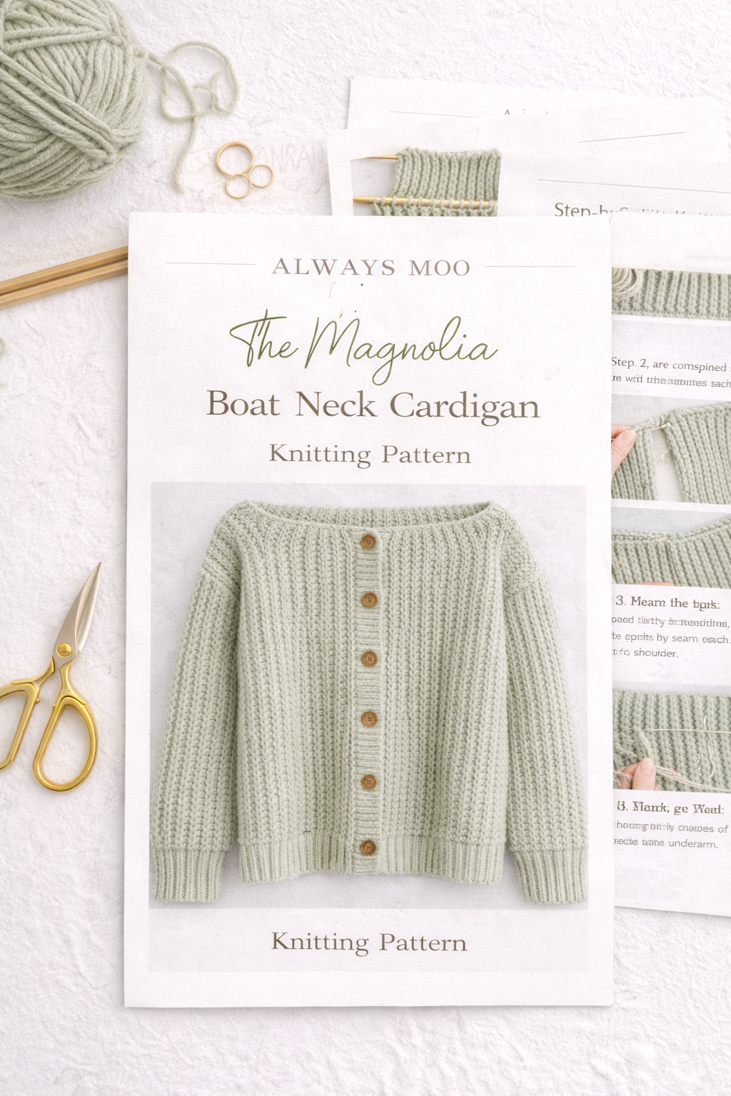 Magnolia boat neck cardigan knitting pattern, chunky ridge texture