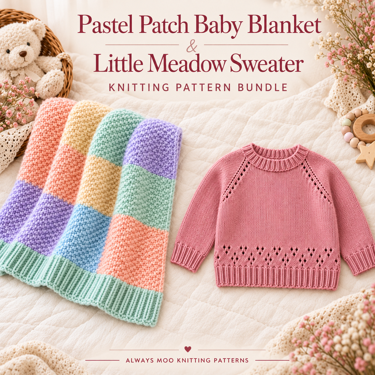 Pastel Patch Baby Blanket and Little Meadow Sweater knitting pattern bundle – Always Moo