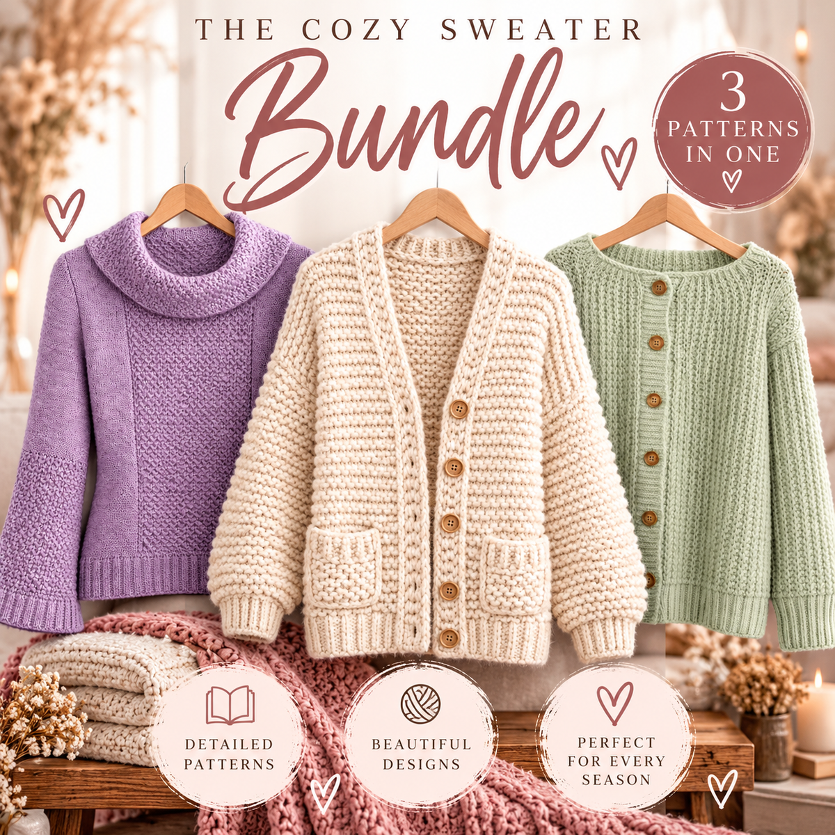 Cozy Sweater knitting pattern bundle: Everyday Cardigan, Magnolia Cardigan and Moss Meadow Sweater – Always Moo