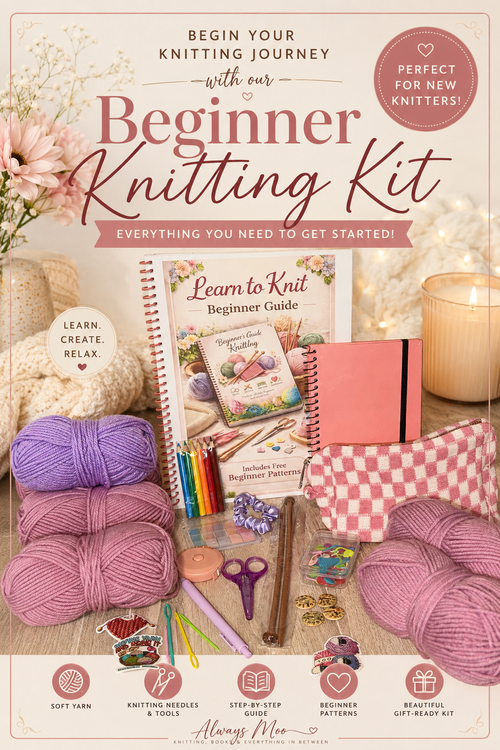 Beginner knitting kit to learn to knit a cozy garter stitch scarf – Always Moo