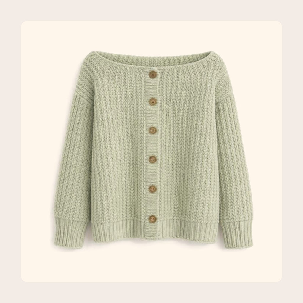 Magnolia boat neck cardigan knitting pattern, part of the Always Moo cozy sweater pattern bundle