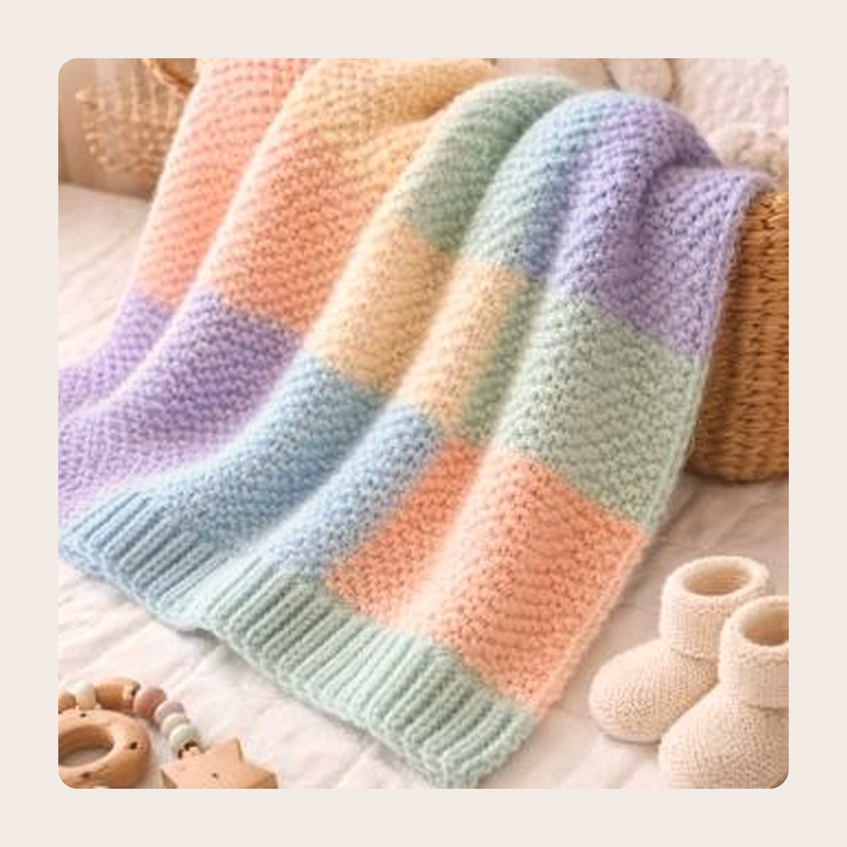 Pastel Patch Baby Blanket knitting pattern, part of the Always Moo baby and little girl pattern bundle
