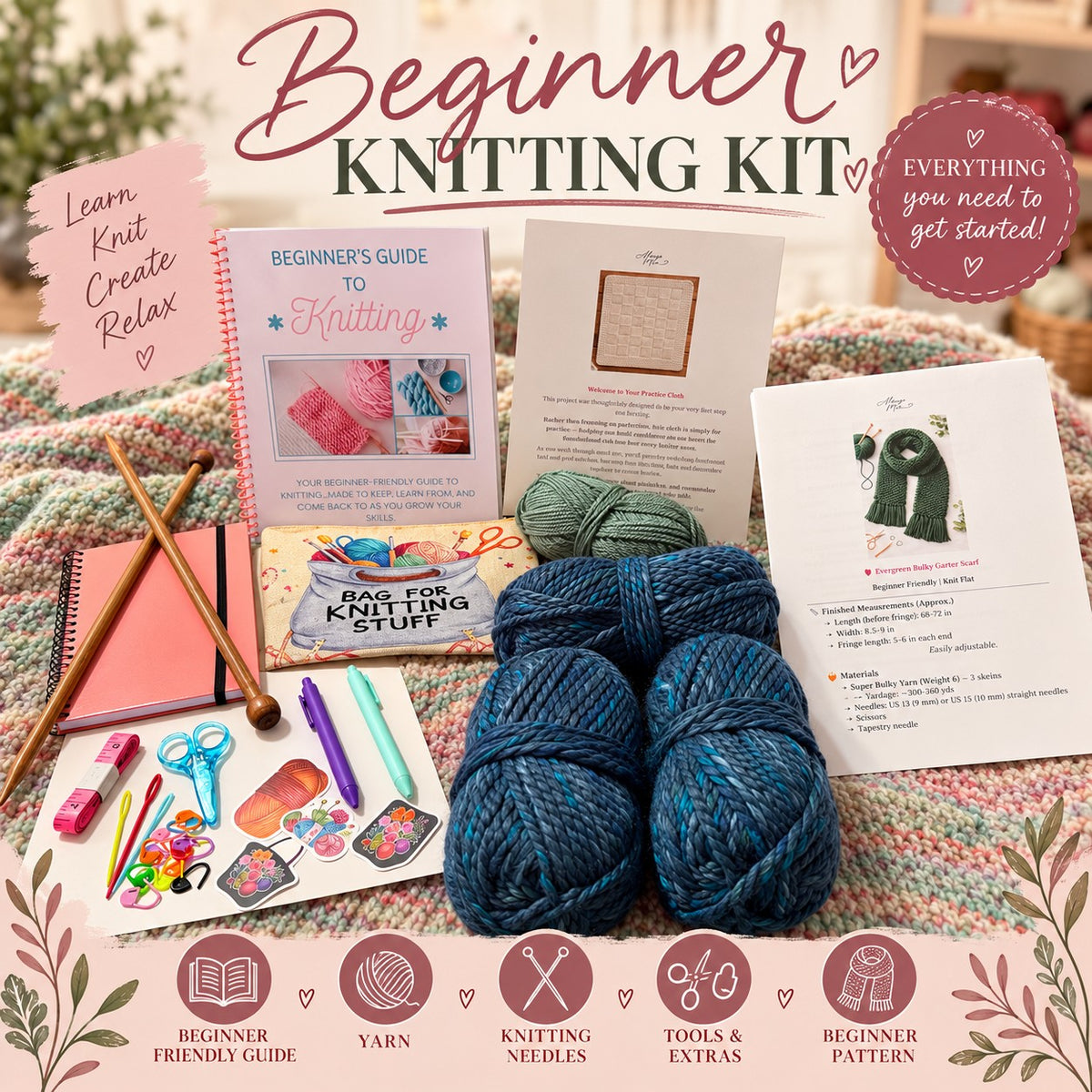 Learn to Knit beginner kit with Beginner's Guide to Knitting, chunky yarn, wooden needles, patterns, project bag and tools – Always Moo