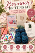 Everything included in the Always Moo Learn to Knit kit: guide book, yarn, needles, notebook, pens, stickers, scissors, stitch markers and project bag