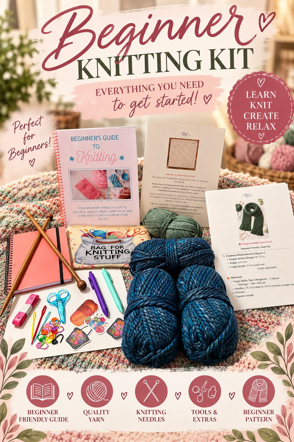 Everything included in the Always Moo Learn to Knit kit: guide book, yarn, needles, notebook, pens, stickers, scissors, stitch markers and project bag