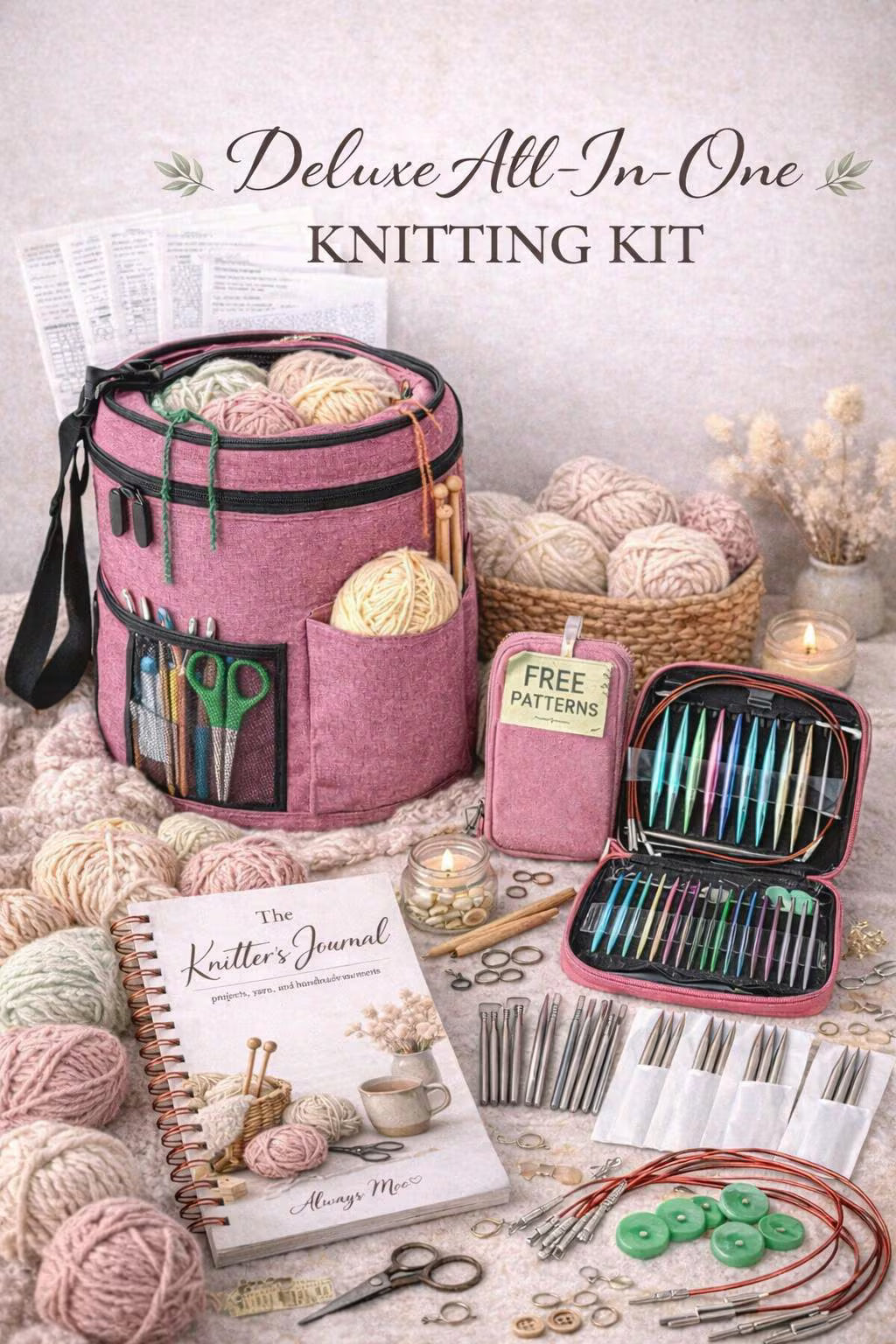 Deluxe all-in-one beginner knitting kit with yarn, needles, patterns, journal and project bag – Always Moo